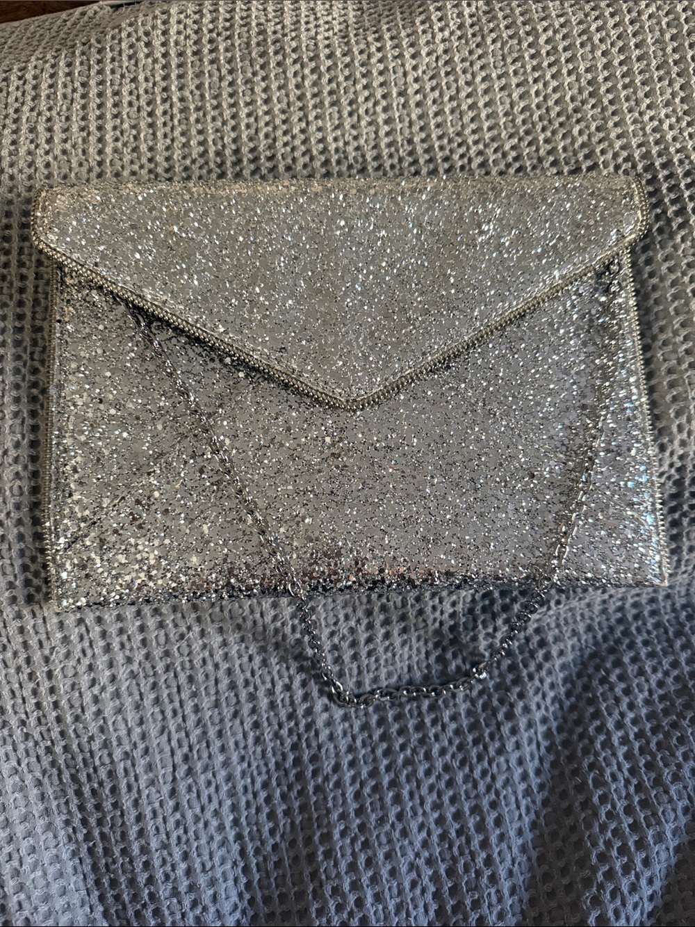 Rebecca Minkoff Silver Glitter Envelope Clutch with Chain